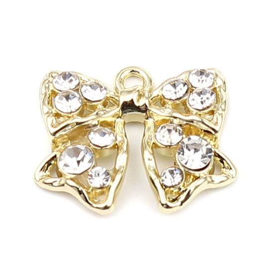 Picture of Zinc Based Alloy Charms Bowknot Gold Plated Clear Rhinestone 22mm x 18mm, 5 PCs