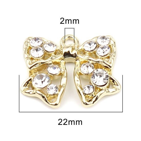 Picture of Zinc Based Alloy Charms Bowknot Gold Plated Clear Rhinestone 22mm x 18mm, 5 PCs