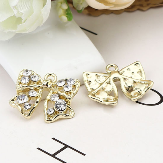 Picture of Zinc Based Alloy Charms Bowknot Gold Plated Clear Rhinestone 22mm x 18mm, 5 PCs