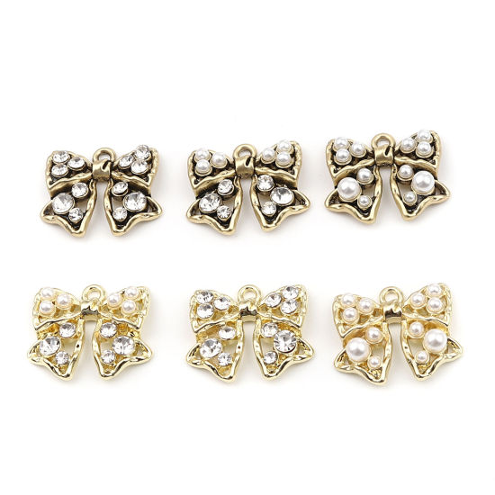 Picture of Zinc Based Alloy Charms Bowknot Gold Plated Clear Rhinestone 22mm x 18mm, 5 PCs