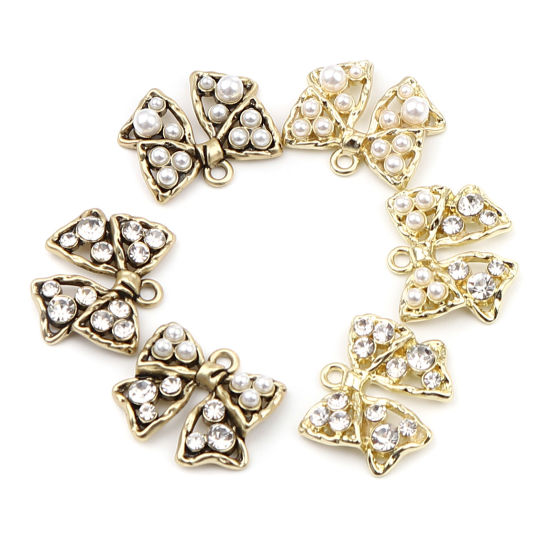 Picture of Zinc Based Alloy Charms Bowknot Gold Plated Clear Rhinestone 22mm x 18mm, 5 PCs