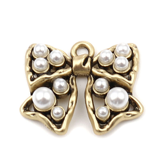 Picture of Zinc Based Alloy Charms Bowknot Gold Tone Antique Gold Acrylic Imitation Pearl 22mm x 18mm, 5 PCs