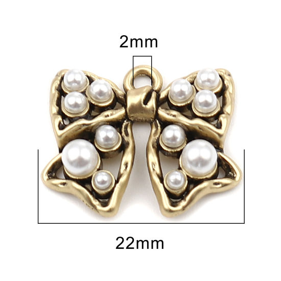 Picture of Zinc Based Alloy Charms Bowknot Gold Tone Antique Gold Acrylic Imitation Pearl 22mm x 18mm, 5 PCs