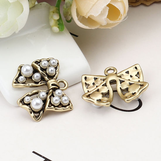 Picture of Zinc Based Alloy Charms Bowknot Gold Tone Antique Gold Acrylic Imitation Pearl 22mm x 18mm, 5 PCs