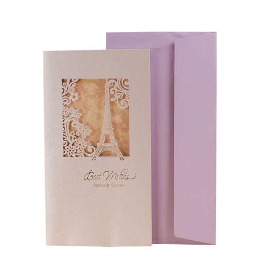 Image de Carte de Voeux en Papier Rectangle Rose Clair Tour Eiffel Creux 21cm x 11.5cm, 2 Kits