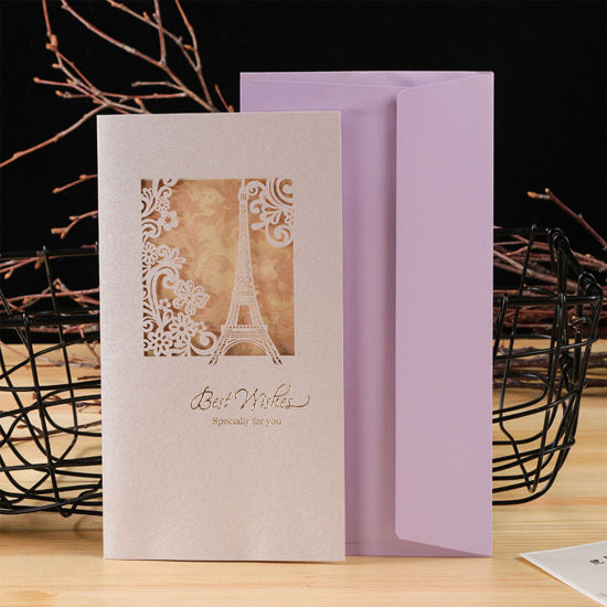 Picture of Paper Greeting Card Rectangle Eiffel Tower Light Pink Hollow 21cm x 11.5cm, 2 Sets