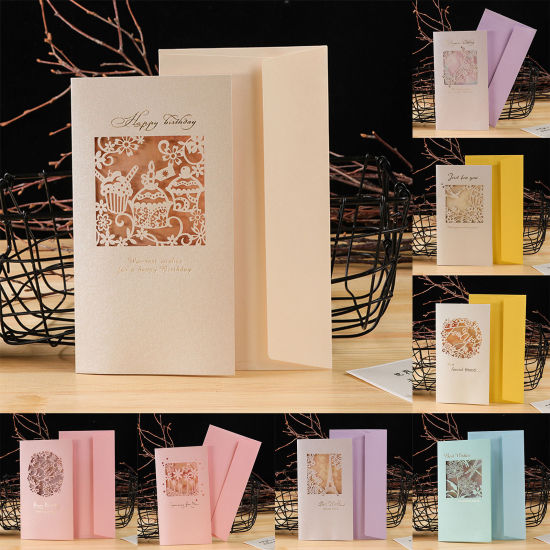 Image de Carte de Voeux en Papier Rectangle Rose Clair Tour Eiffel Creux 21cm x 11.5cm, 2 Kits