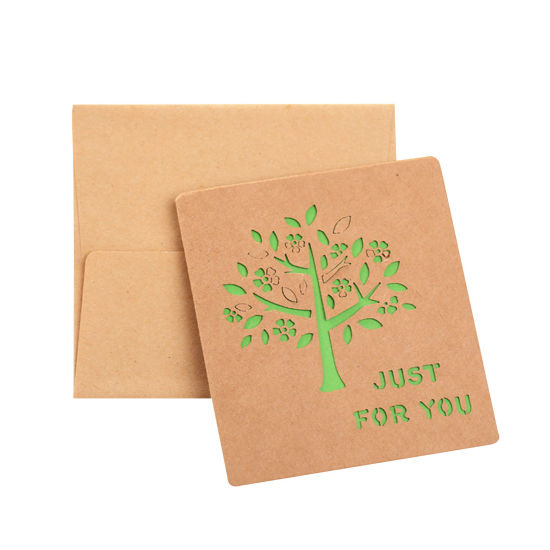 Picture of Kraft Paper Greeting Card Rectangle Tree Light Brown Message " Just For You " Hollow 8.9cm x 7cm, 5 Sets
