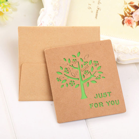 Picture of Kraft Paper Greeting Card Rectangle Tree Light Brown Message " Just For You " Hollow 8.9cm x 7cm, 5 Sets