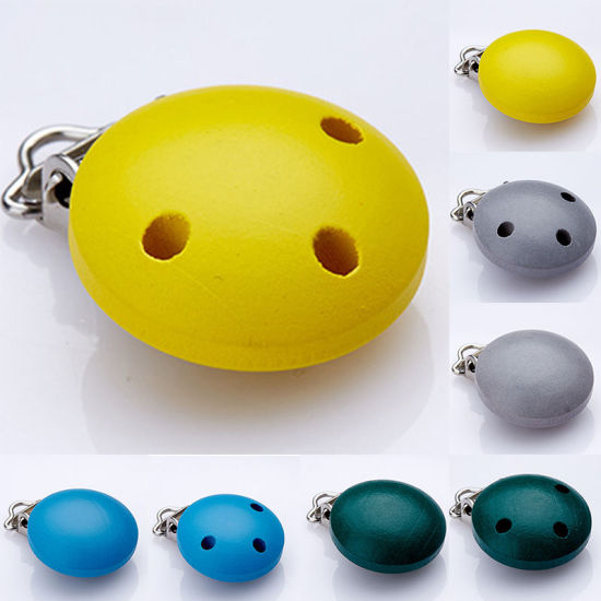 Picture of Schima Superba Wood Painted Baby Pacifier Clip Round Yellow No Hole 3cm Dia., 5 PCs