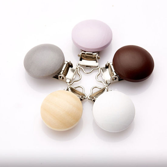 Picture of Schima Superba Wood Painted Baby Pacifier Clip Round White Three Holes 3cm Dia., 5 PCs