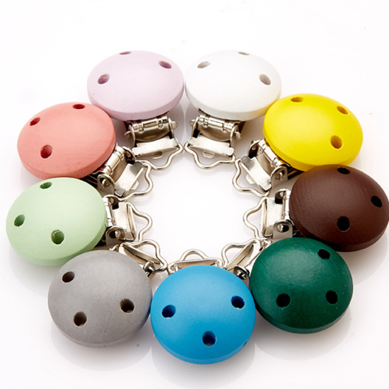 Picture of Natural Schima Superba Wood Painted Baby Pacifier Clip Round White No Hole 3cm Dia., 5 PCs