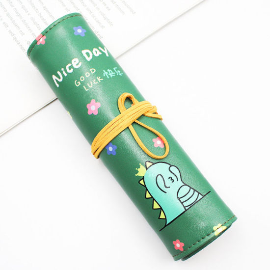 Picture of PU Leather Roll Up Wrap Pencil Case Pouch Cute Dinosaur Green 26cm x 21cm, 1 Piece