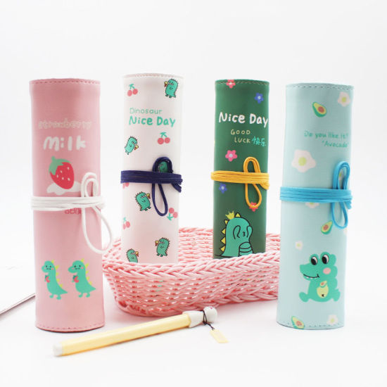 Picture of PU Leather Roll Up Wrap Pencil Case Pouch Cute Dinosaur Green 26cm x 21cm, 1 Piece