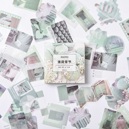 Bild von Japanisches Papier DIY Scrapbook Sticker Aufkleber Mintgrün 8.5cm x 8.5cm, 1 Kasten (ca. 80 Stück/Kasten)
