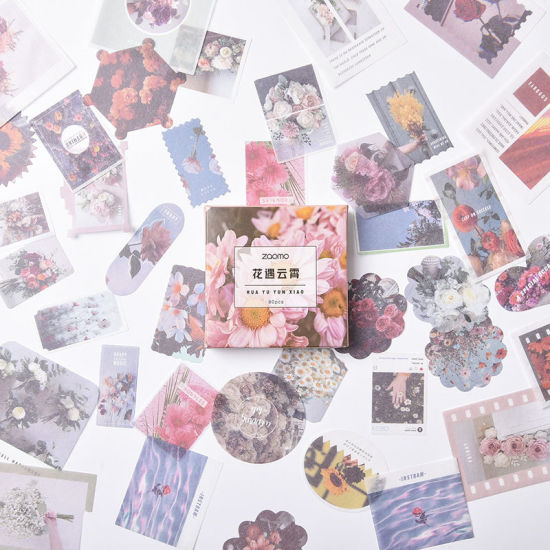Picture of Japanese Paper DIY Scrapbook Deco Stickers Flower Multicolor 8.5cm x 8.5cm, 1 Box (Approx 80 PCs/Box)