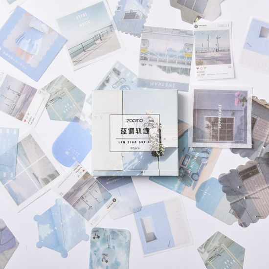 Bild von Japanisches Papier DIY Scrapbook Sticker Aufkleber Blau 8.5cm x 8.5cm, 1 Kasten (ca. 80 Stück/Kasten)