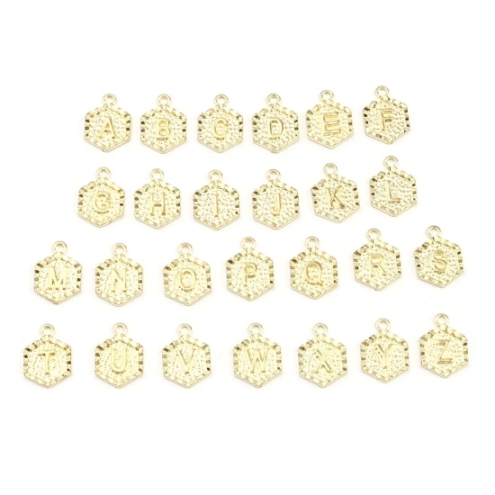 Immagine di Lega di Zinco Charms Colore Oro 16K Esagono Lettera Maiuscola 17mm x 12mm, 1 Serie