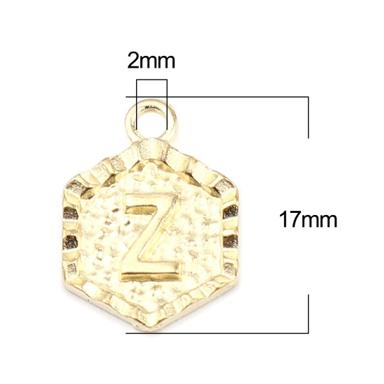 Immagine di Lega di Zinco Charms Colore Oro 16K Esagono Lettera Maiuscola 17mm x 12mm, 1 Serie