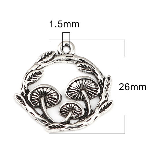 Immagine di Lega di Zinco Charms Tondo Argento Antico Fungo 26mm x 25mm , 10 Pz