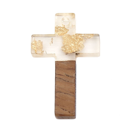 Imagen de Resina Resina de Efecto Madera Colgantes Charms Cruz Dorado Papel Aluminio 25mm x 16mm, 5 Unidades