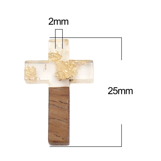 Imagen de Resina Resina de Efecto Madera Colgantes Charms Cruz Dorado Papel Aluminio 25mm x 16mm, 5 Unidades