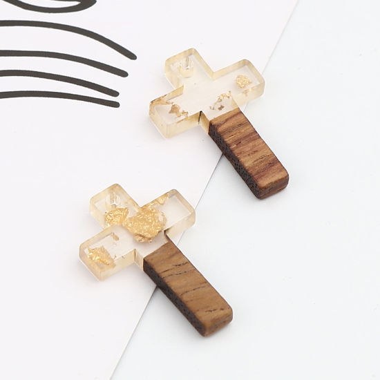 Imagen de Resina Resina de Efecto Madera Colgantes Charms Cruz Dorado Papel Aluminio 25mm x 16mm, 5 Unidades