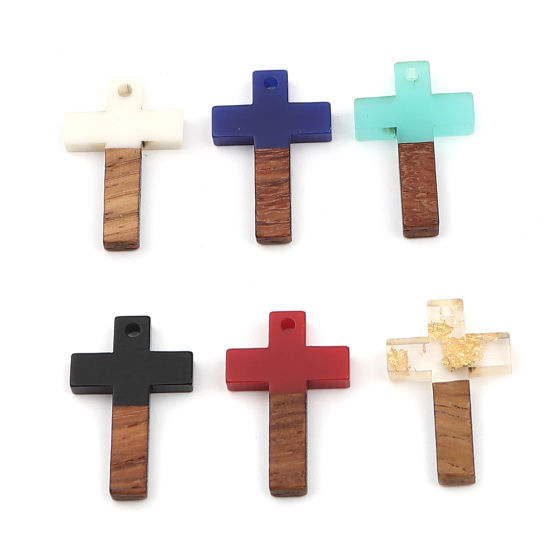 Imagen de Resina Resina de Efecto Madera Colgantes Charms Cruz Dorado Papel Aluminio 25mm x 16mm, 5 Unidades