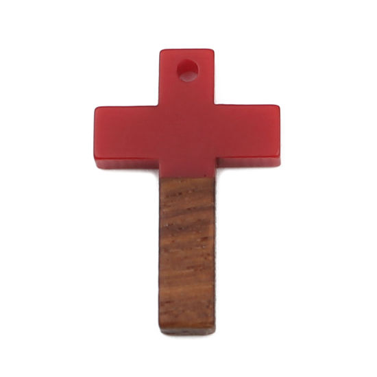 Imagen de Resina Resina de Efecto Madera Colgantes Charms Cruz Rojo 25mm x 16mm, 5 Unidades