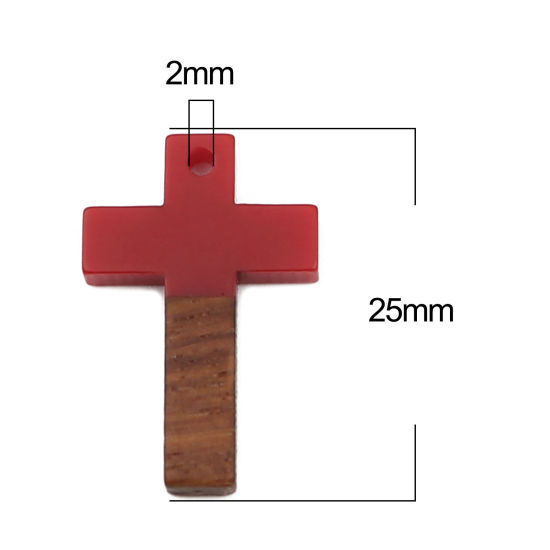 Imagen de Resina Resina de Efecto Madera Colgantes Charms Cruz Rojo 25mm x 16mm, 5 Unidades