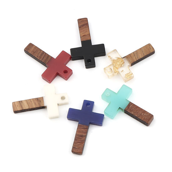 Imagen de Resina Resina de Efecto Madera Colgantes Charms Cruz Rojo 25mm x 16mm, 5 Unidades
