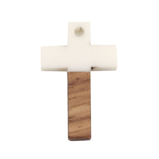 Imagen de Resina Resina de Efecto Madera Colgantes Charms Cruz Blanco Crema 25mm x 16mm, 5 Unidades