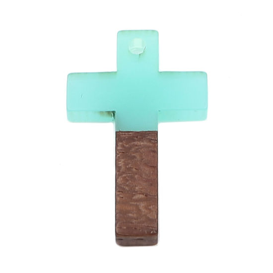 Imagen de Resina Resina de Efecto Madera Colgantes Charms Cruz Azulado 25mm x 16mm, 5 Unidades
