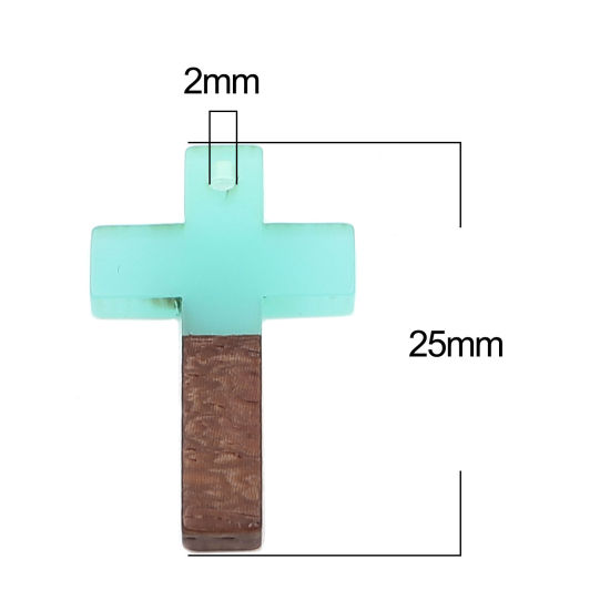 Imagen de Resina Resina de Efecto Madera Colgantes Charms Cruz Azulado 25mm x 16mm, 5 Unidades