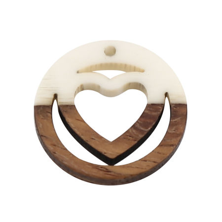 Picture of Resin Natural Wood Effect Resin Charms Round Creamy-White Heart 25mm Dia, 5 PCs