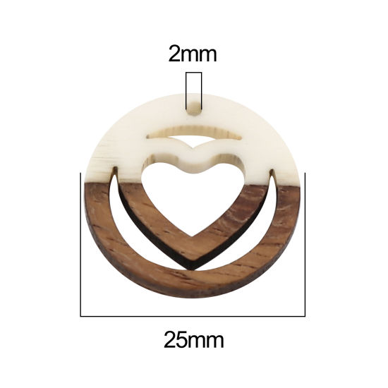 Imagen de Resina Resina de Efecto Madera Colgantes Charms Ronda Blanco Crema Corazón 25mm Dia, 5 Unidades