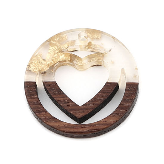 Imagen de Resina Resina de Efecto Madera Colgantes Charms Ronda Dorado Corazón Papel Aluminio 25mm Dia, 5 Unidades