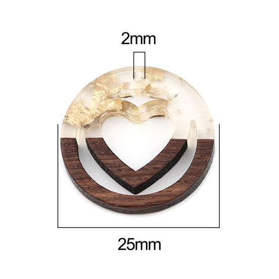 Imagen de Resina Resina de Efecto Madera Colgantes Charms Ronda Dorado Corazón Papel Aluminio 25mm Dia, 5 Unidades