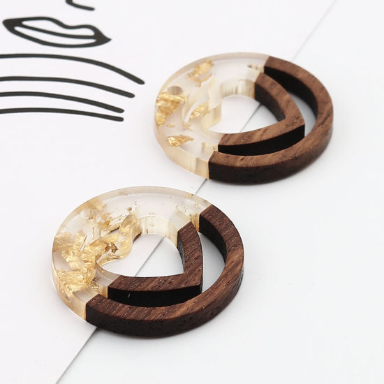Imagen de Resina Resina de Efecto Madera Colgantes Charms Ronda Dorado Corazón Papel Aluminio 25mm Dia, 5 Unidades