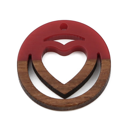 Picture of Resin Natural Wood Effect Resin Charms Round Red Heart 25mm Dia, 5 PCs