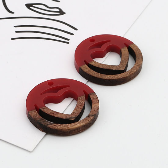 Imagen de Resina Resina de Efecto Madera Colgantes Charms Ronda Rojo Corazón 25mm Dia, 5 Unidades