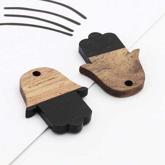 Immagine di Resina Charm Resina Effetto Legno Charms Palmo Nero 25mm x 18mm, 5 Pz