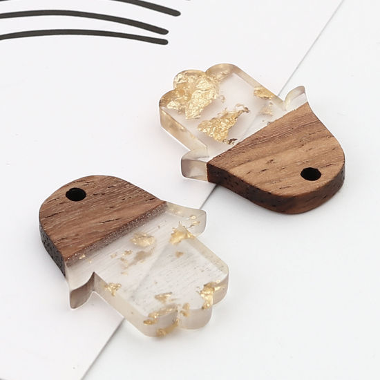 Immagine di Resina Charm Resina Effetto Legno Charms Palmo Oro Stagnola 25mm x 18mm, 5 Pz