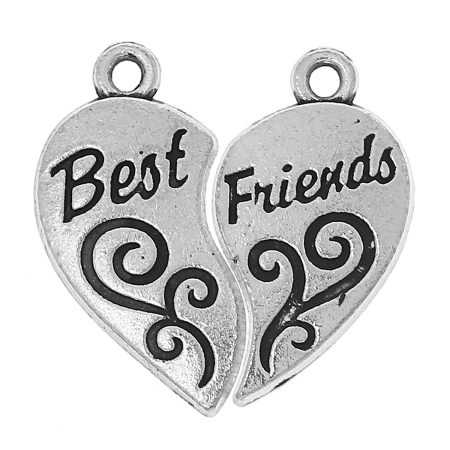 Picture of Zinc Metal Alloy Charm Pendants Broken Heart Antique Silver Color Message " BEST FRIENDS " Carved 23mm x12mm( 7/8" x 4/8") 22mm x12mm( 7/8" x 4/8"), 10 Sets