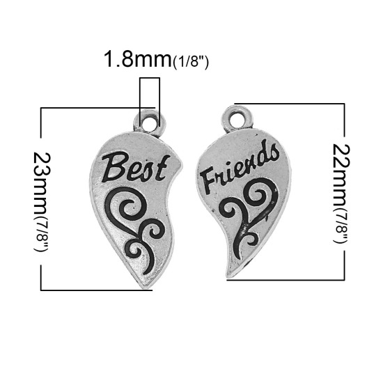 Immagine di Lega di Zinco Charm Ciondoli Cuore spezzato Argento Antico amicizia Lettere Scolpito " BEST FRIENDS "23mm x12mm( 7/8" x 4/8") 22mm x12mm( 7/8" x 4/8") , 10 Seri