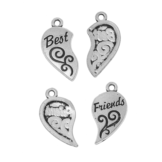 Immagine di Lega di Zinco Charm Ciondoli Cuore spezzato Argento Antico amicizia Lettere Scolpito " BEST FRIENDS "23mm x12mm( 7/8" x 4/8") 22mm x12mm( 7/8" x 4/8") , 10 Seri