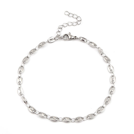 Picture of 304 Stainless Steel Stylish Link Chain Anklet Silver Tone Coffee Bean 23.5cm(9 2/8") long, 1 Piece