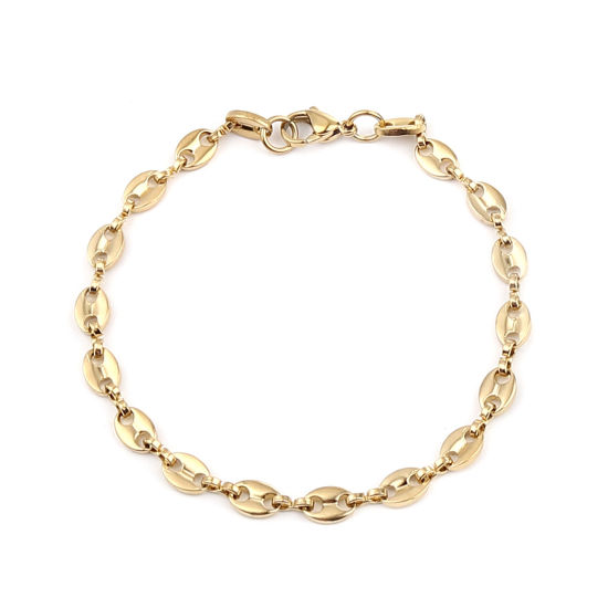 Picture of 1 Piece Vacuum Plating 304 Stainless Steel Stylish Link Chain Anklet Gold Plated Coffee Bean 20cm(7 7/8") long