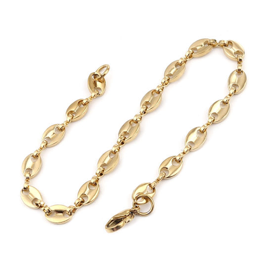 Picture of 1 Piece Vacuum Plating 304 Stainless Steel Stylish Link Chain Anklet Gold Plated Coffee Bean 20cm(7 7/8") long