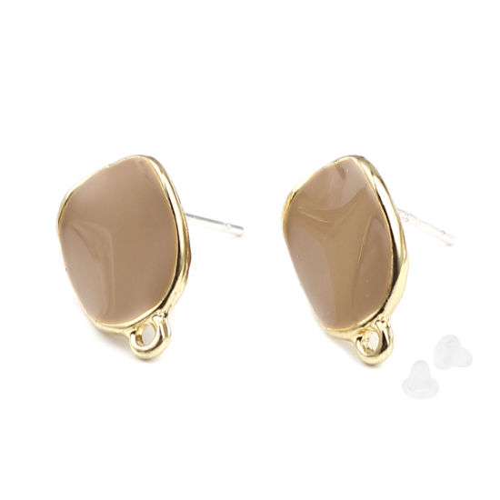 Picture of Zinc Based Alloy Ear Post Stud Earrings Findings Irregular Gold Plated Khaki Round W/ Loop Enamel 15mm x 12mm, Post/ Wire Size: (21 gauge), 2 Pairs